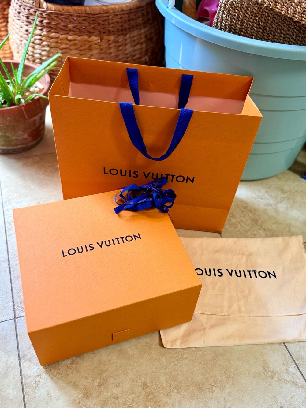 Louis Vuitton Orange Box, shopping Bag and Dust Cover with Blue Ribbon